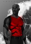  1boy abs amoona aqua_lad aqualad artist_name belt black_sclera bodysuit dark_skin dark_skinned_male dc_comics gills kaldur&#039;ahm male_focus muscle ocean red_shirt shirt sleeveless solo spot_color tattoo upper_body water wave white_eyes young_justice young_justice:_invasion 