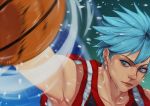  1boy amoona artist_name ball basketball basketball_uniform blue_eyes blue_hair kuroko_no_basuke kuroko_tetsuya male_focus signature solo sport sportswear sweat uniform 