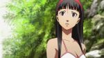  1girl amagi_yukiko animated animated_gif bikini black_hair blush breasts brown_eyes cleavage collarbone hairband long_hair open_mouth persona persona_4 persona_4_the_animation solo surprised swimsuit 