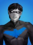  1boy batman_(series) black_hair blue blue_background body_armor bodysuit dc_comics dick_grayson domino_mask emblem looking_at_viewer male_focus mask nightwing parted_lips short_hair solo spot_color young_justice:_invasion 