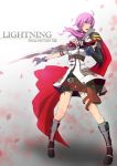  1girl blue_eyes character_name copyright_name final_fantasy final_fantasy_xiii fingerless_gloves gloves lightning_farron long_hair pink_hair red_cape shoutarotttt skirt solo standing sword weapon 