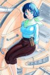  1girl blue_eyes blue_hair breasts capri_pants female gun handgun hayami_jin highres holster large_breasts maria_(xabungle) mecha neckerchief pants pistol scarf sentou_mecha_xabungle short_hair sitting solo sweater weapon 