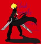  1boy background_text blonde_hair character_name cloud_strife copyright_name final_fantasy final_fantasy_vii from_behind highres male_focus red_background simple_background solo standing sword weapon 