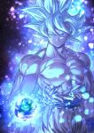  1boy abs arm_at_side aura blue_background blue_theme blurry bokeh closed_mouth collarbone commentary_request cupping_hands dark_background depth_of_field dragon_ball dragon_ball_super dragon_ball_z earth expressionless fingernails floating_hair frown glowing grey_eyes hand_up light_particles looking_down male_focus mattari_illust muscle orange_pants pants pectorals planet purple_background shaded_face shirt shirtless sky son_gokuu spiky_hair star_(sky) starry_sky torn_clothes torn_shirt twitter_username ultra_instinct white_background white_hair white_theme wristband 