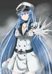  1girl akame_ga_kill! aqua_eyes aqua_hair belt blue_eyes blue_hair breasts cleavage esdeath female hat ice large_breasts long_hair looking_at_viewer military military_uniform miniskirt peaked_cap skirt smile solo standing sword tattoo uniform very_long_hair weapon 