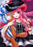  1girl black_eyes breasts cleavage dress drill_hair eyelashes flower ghost hat hat_flower highres kumacy large_breasts long_hair looking_at_viewer one_eye_closed one_piece perona pink_hair rose solo strapless strapless_dress stuffed_animal stuffed_toy teddy_bear top_hat umbrella umi_juuyon wink 