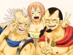  1girl 2boys black_hair cape dressrosa family father_and_daughter gladiator king king_riku kyros multiple_boys one_piece open_mouth pink_hair princess puniatta rebecca_(one_piece) scar smile v white_hair 