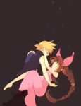  1boy 1girl :d aerith_gainsborough blonde_hair bow closed_eyes cloud_strife dress final_fantasy final_fantasy_vii hair_bow long_hair open_mouth pink_dress rabbit_f smile very_long_hair 