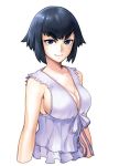  1girl alternate_hair_length alternate_hairstyle black_hair blue_eyes breasts casual cleavage dress duplicate eyebrows kill_la_kill kiryuuin_satsuki large_breasts light_smile looking_at_viewer masn_(moxi) shirt short_hair sideboob simple_background smile solo spoilers standing thick_eyebrows upper_body white_background white_blouse white_dress 