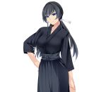  1girl black_hair blue_eyes breasts game_cg hair_ribbon hand_on_hip japanese_clothes kimono large_breasts long_hair looking_at_viewer nana_g onee-chan_saimin_before_after ribbon serious simple_background solo standing twintails white_background 