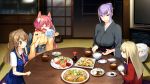  4girls animal_ears aoi_(nanairo_reincarnation) blonde_hair breasts brown_hair chopsticks closed_eyes eating food game_cg green_eyes hair_bun iris_(nanairo_reincarnation) iyo_(nanairo_reincarnation) japanese_clothes kikyou_(nanairo_reincarnation) kimono large_breasts long_hair multiple_girls nanairo_reincarnation open_mouth pink_hair purple_hair rice short_hair sitting skirt smile sumeragi_kohaku table television twintails 