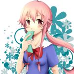  1girl cellphone female flower gasai_yuno hair_ornament hair_ribbon highres mirai_nikki phone pink_eyes pink_hair ponytail ribbon school_uniform solo tied_hair twintails 