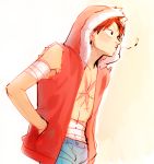  1boy bandage denim hands_in_pockets hood jeans male_focus monkey_d_luffy musical_note one_piece open_clothes open_shirt pants scar shirt solo whistle yamsong 