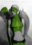  1girl amoona arrow artemis_crock artist_name belt dark_skin dc_comics gloves grey_background long_hair low_ponytail mask midriff navel ponytail quiver solo spot_color upper_body vambraces very_long_hair young_justice young_justice:_invasion 