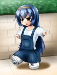  1girl amputee blue_hair headband mikeysukairain overalls quadruple_amputee trembling 