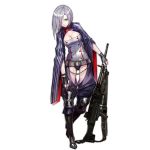  1girl belt breasts chains eyebrows fingerless_gloves full_body girls_frontline gloves grey_hair gun hair_over_one_eye holding holding_gun holding_weapon impossible_clothes impossible_leotard iron_cross knee_pads large_breasts leotard looking_at_viewer mg5 mg5_(girls_frontline) official_art one_eye_closed short_hair solo standing transparent_background weapon 