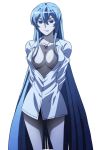  1girl akame_ga_kill! aqua_eyes aqua_hair blue_eyes blue_hair breasts cleavage colored_eyelashes dress_shirt esdeath large_breasts long_hair long_sleeves looking_at_viewer naked_shirt no_bra shirt simple_background solo standing stitched tattoo thighs very_long_hair white_background 