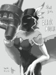  1girl artist_request black_dahlia breasts character_name cleavage dated feathers female gloves grin hat mask mechanical_arm monochrome signature skullgirls smile solo tagme veil weapon white_eyes 