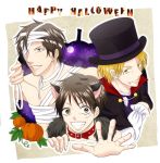  3boys argyle bandage blonde_hair brothers cat_ears collar costume freckles halloween hat highres monkey_d_luffy multiple_boys mummy one_piece portgas_d_ace pumpkin sabo_(one_piece) satomi0403 siblings top_hat trio vampire 