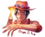  1boy character_name fire freckles hat jewelry male_focus necklace one_piece portgas_d_ace simple_background smiley solo stampede_string topless yamsong 