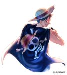 1boy flag hat jolly_roger male_focus monkey_d_luffy one_piece over_shoulder pirate pirate_flag skull_and_crossbones solo straw_hat yamsong 