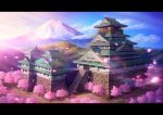  architecture building castle cherry_blossoms cherry_trees clouds east_asian_architecture highres landscape letterboxed mount_fuji mountain no_humans original river scenery sky stairs water wescap1 
