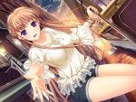  1girl blush breasts brown_hair clouds collarbone game_cg happy komori_kei large_breasts legs long_hair looking_at_viewer noel_marres_ascot open_mouth shorts sky smile solo standing thighs violet_eyes walkure_romanze_re:tell 