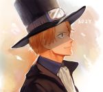  1boy blonde_hair cravat formal goggles goggles_on_hat hat male_focus one_piece profile sabo_(one_piece) solo top_hat yamsong 