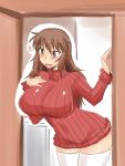  1girl bach breasts brown_eyes brown_hair curvy female huge_breasts leaning_forward long_hair miniskirt open_mouth original ribbed_sweater sketch skirt solo standing sweater thigh-highs white_legwear 