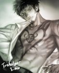  1boy earrings facial_hair goatee jewelry looking_at_viewer male_focus monochrome one_piece open_clothes open_shirt shirt solo tattoo trafalgar_law undressing yamsong 