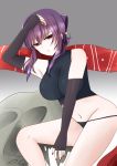  1girl arm_up armpits bare_legs bare_shoulders black_panties breasts fingerless_gloves gloves large_breasts lying nail_polish navel panties purple_hair senran_kagura senran_kagura_(series) solo suzune_(senran_kagura) underwear 