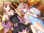  2girls blush breasts brown_hair cleavage dress elbow_gloves embarrassed game_cg gloves halloween hand_on_hip komori_kei large_breasts legs long_hair looking_at_viewer multiple_girls pumpkin sitting skirt small_breasts smile standing thighs violet_eyes walkure_romanze_re:tell wheelchair wings 