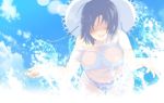  1girl bikini_bottom blue_sky breasts hat large_breasts official_art open_mouth see-through senran_kagura senran_kagura:_estival_versus senran_kagura_(series) sky solo straw_hat sun water wet wet_clothes yumi_(senran_kagura) 