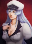  1girl akame_ga_kill! blue_eyes blue_hair breasts cleavage esdeath hat large_breasts long_hair looking_at_viewer solo square_enix standing uniform 