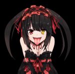  1girl bare_shoulders black_background black_hair breasts cleavage clock_eyes date_a_live dress female gothic hairband heterochromia highres lolita_fashion lolita_hairband long_hair looking_at_viewer red_eyes red_ribbon ribbon solo standing symbol-shaped_pupils tokisaki_kurumi tongue tongue_out twintails yellow_eyes 