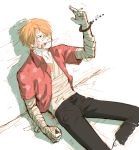  1boy bandage blonde_hair cigarette hair_over_one_eye injury leaning male_focus one_piece open_clothes open_shirt sanji shirt sitting skypiea solo yamsong 