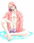  1boy ag_wolf agito013 alternate_costume barefoot blonde_hair donquixote_doflamingo hood hoodie male_focus one_piece open_clothes open_shirt shichibukai shirt short_hair shorts sitting smile solo sunglasses 