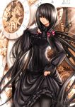  1girl black_dress breasts clock date_a_live dress flower gothic hair_ornament hair_over_one_eye lolita_fashion long_hair long_skirt long_sleeves open_mouth pantyhose puffy_sleeves purple_rose ribbon rose skirt solo standing thighs tokisaki_kurumi twintails very_long_hair 
