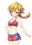  1girl amagai_yukino blonde_hair blush braid breasts clenched_teeth collarbone game_cg green_eyes legs long_hair looking_at_viewer navel simple_background small_breasts smile solo standing swimsuit teeth thighs tsuyokiss_next_shokaiban white_background 