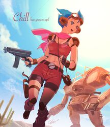  1girl 80s blue_eyes blue_hair cactus chill clouds ear_protection elbow_pads female gallop_(mecha) goggles gun headphones highres holster knee_pads leg_warmers midriff older oldschool ryuji_umeno scarf sentou_mecha_xabungle shorts shoulder_pads sky solo weapon 