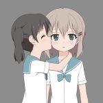  2girls ammy33 brown_hair green_eyes hair_ornament hairclip kiss kuraue_hinata multiple_girls school_uniform yama_no_susume yukimura_aoi yuri 