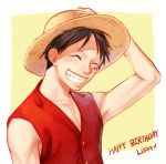  1boy birthday closed_eyes hand_on_headwear hat male_focus monkey_d_luffy one_piece red_vest smile solo straw_hat vest yamsong 