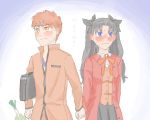  1boy 1girl bag black_hair blue_eyes blush couple emiya_shirou fate/stay_night fate_(series) hair_ribbon hand_holding jacket long_coat long_hair orange_eyes redhead ribbon school_bag school_uniform shopping spring_onion tohsaka_rin translation_request twintails 