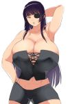  1girl arm_up breasts cleavage eyepatch female huge_breasts kloah long_hair midriff muscle purple_hair simple_background skindentation solo standing white_background yellow_eyes 