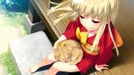  1girl animal barefoot black_eyes blonde_hair dog feet game_cg iyo_(nanairo_reincarnation) japanese_clothes kimono legs long_hair looking_down nanairo_reincarnation sitting sleeping smile sumeragi_kohaku thighs toes 