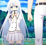  aqua_hair blue_eyes kazehaya_kamito long_hair pants pleated_skirt school_uniform screencap seirei_tsukai_no_blade_dance skirt terminus_est thigh-highs 