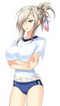  1girl amagai_yukino breasts brown_eyes buruma crossed_arms game_cg grey_hair gym_uniform hair_over_one_eye large_breasts legs looking_away ponytail simple_background solo standing thighs torn_clothes transparent_background tsuyokiss_next_shokaiban 