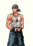  1boy alternate_costume bandanna belt brown_eyes capcom cowboy_shot eyebrows f-15jrs frown jewelry male_focus muscle necklace ryuu_(street_fighter) simple_background solo street_fighter street_fighter_iv super_street_fighter_iv tank_top textless thick_eyebrows white_background wristband 