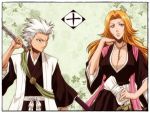  1024x768 1boy 1girl bleach breasts cleavage hand_on_hip hand_up haori hitsugaya_toushirou holding holding_sword holding_weapon japanese_clothes large_breasts long_hair looking_away looking_to_the_side matsumoto_rangiku mole mole_under_mouth orange_hair sash short_hair standing sword sword_behind_back taichou_haori weapon white_hair white_sash wide_sleeves 