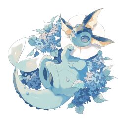  animal_focus blue_eyes blue_flower flower highres merino_(merino_9999) no_humans pokemon pokemon_(creature) signature simple_background solo vaporeon white_background 